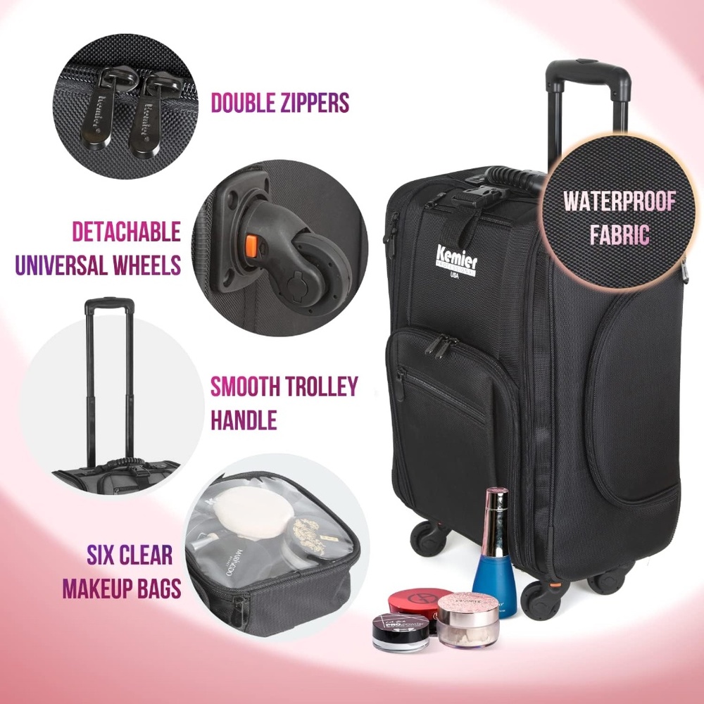 Portable Cosmetic Organizer,Soft-Sided Nylon Rolling Makeup Case/Suit Case with